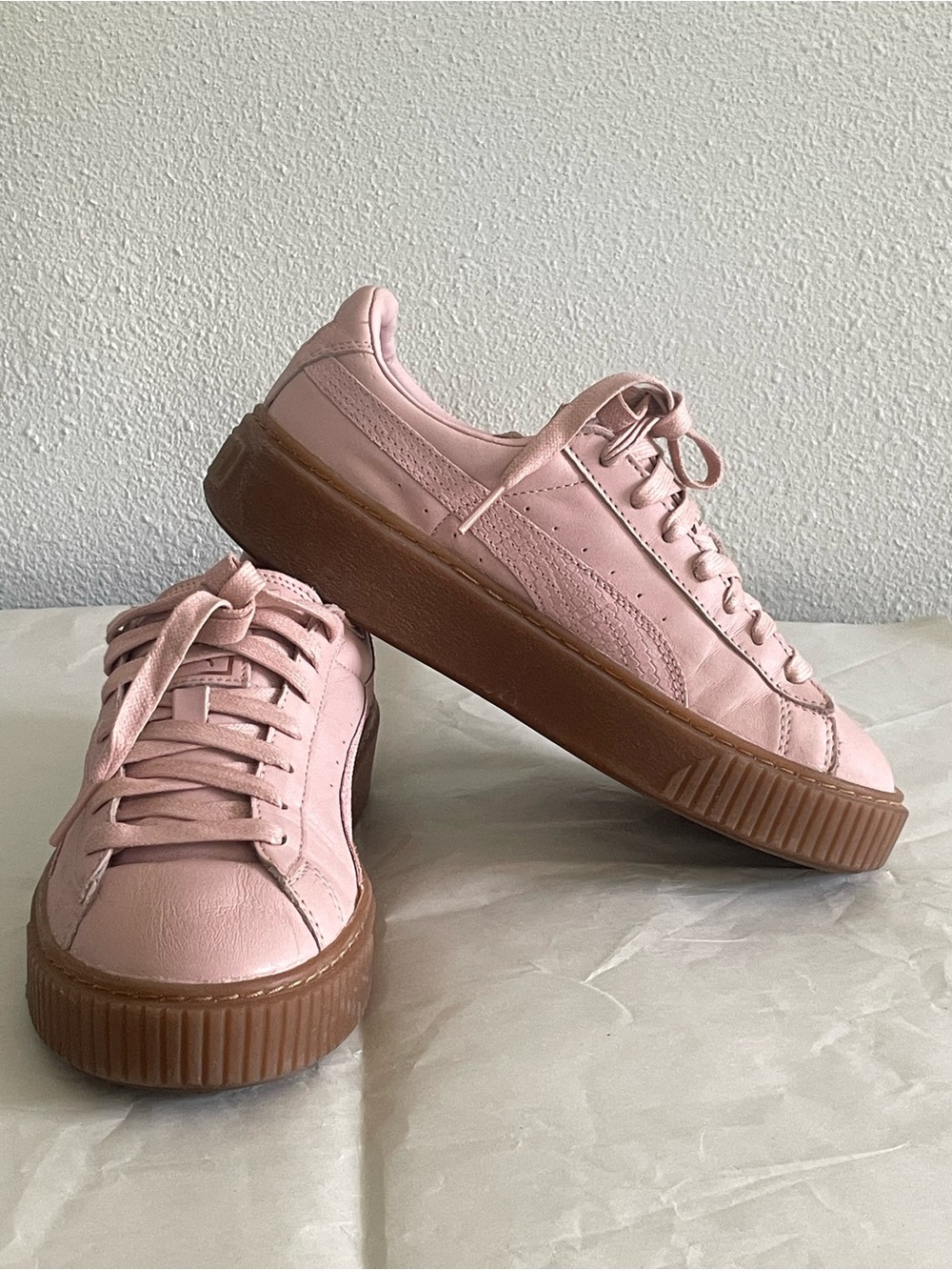 Puma Women's Pink Leather Platform Sneakers with Gum Sole